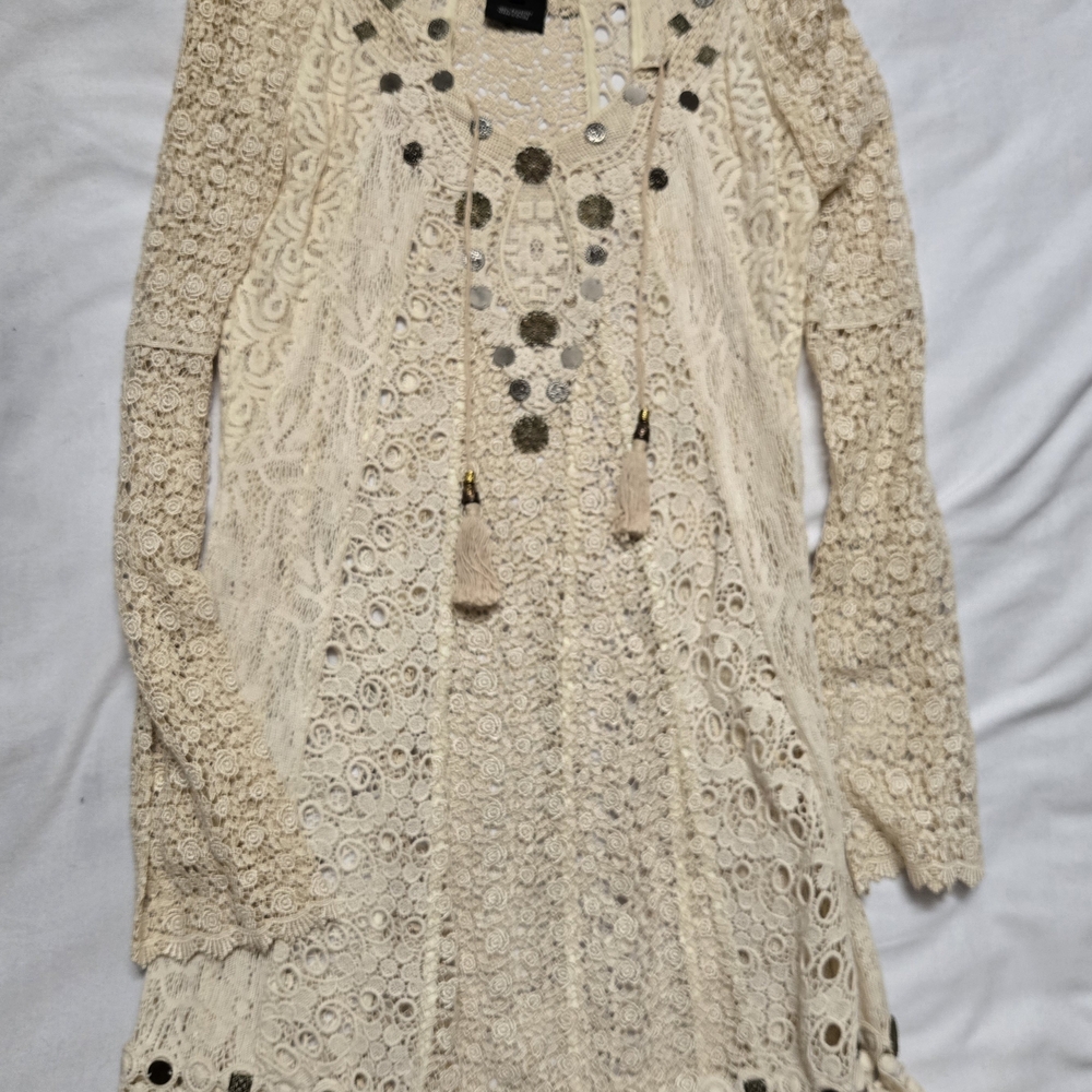 Meghan LA Cream Crochet Lace Boho Vest with Metal Accents